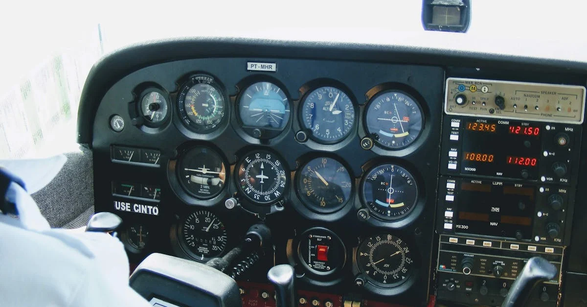 Detailed view of an aircraft cockpit showcasing various control meters and technology.